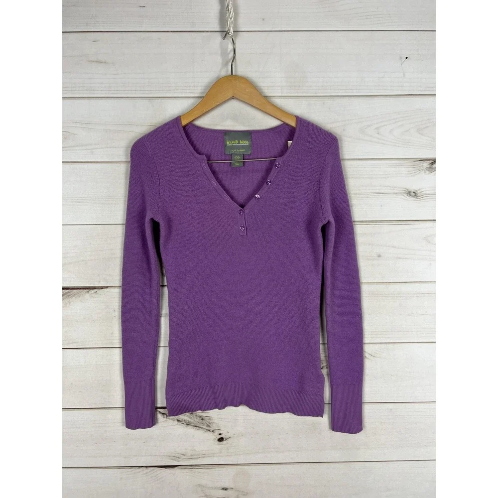 Wicked Wool Sweater Womens XS Purple Extrafine Merino Wool V Neck Henley - Picture 1 of 7